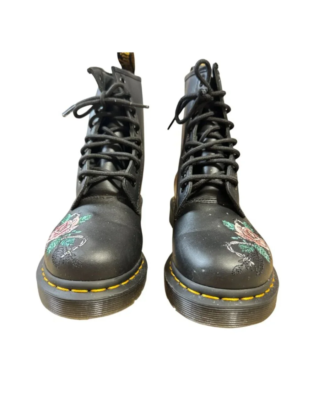 NEW Dr Martens Vonda Chain II Boots Size 6 Black Leather Embroidered Pink Roses
